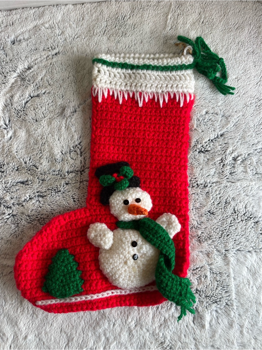 Handmade Red Crochet Christmas Stocking with Snowman Accent